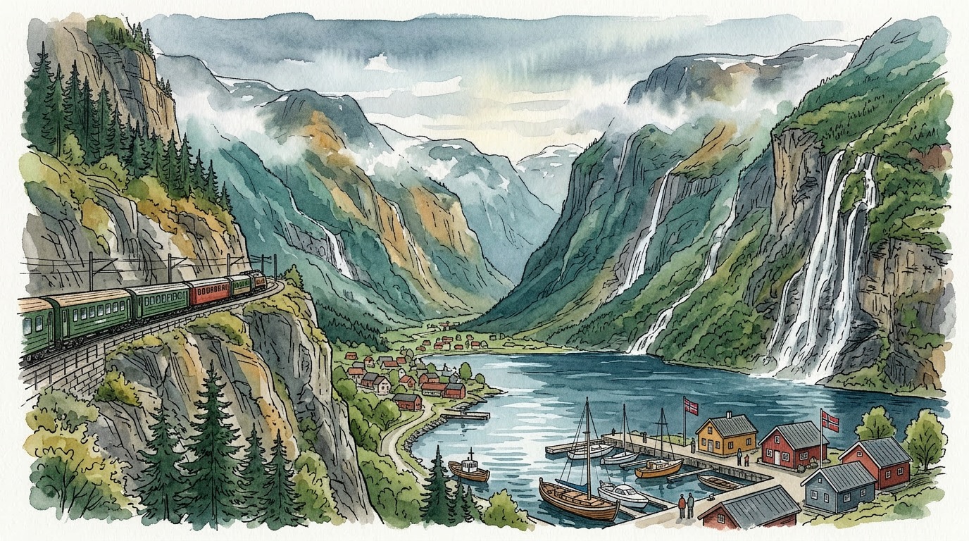 The village of Flåm at the head of the Aurlandsfjord
