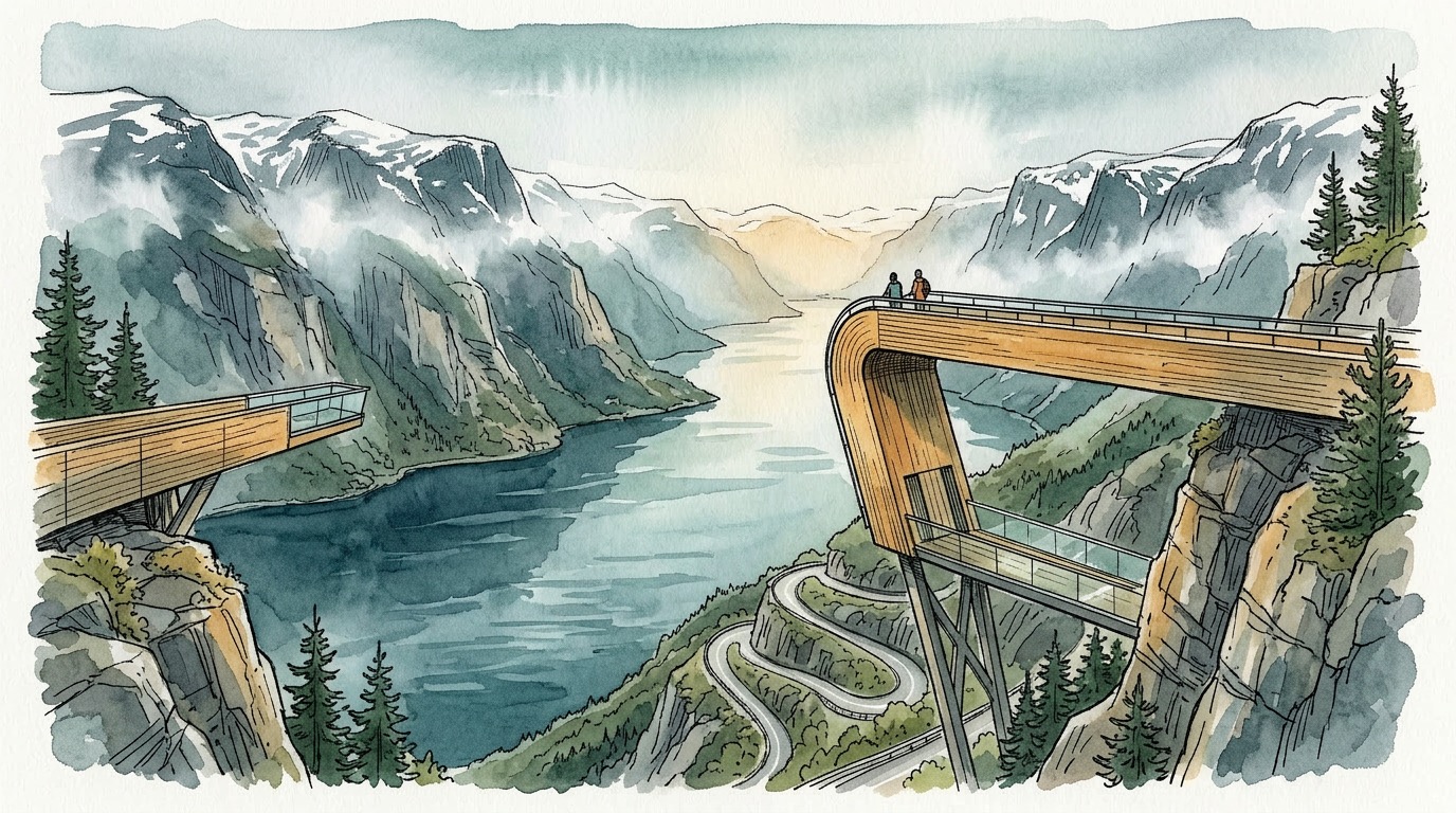 The Stegastein viewing platform suspended over the Aurlandsfjord
