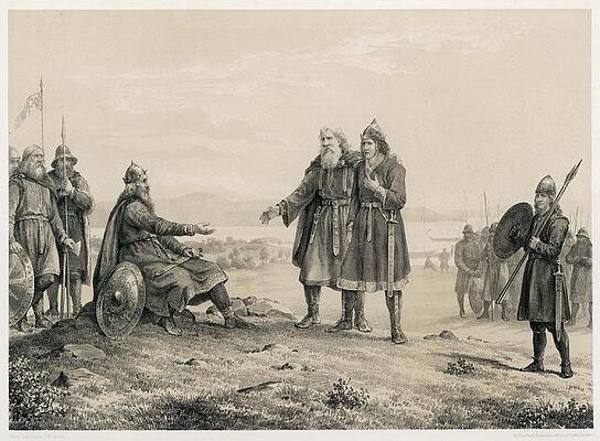 A 19th-century engraving of the skald Guttorm Sindre standing before a seated king, reconciling two rival Viking-age rulers — spearmen and longships behind them
