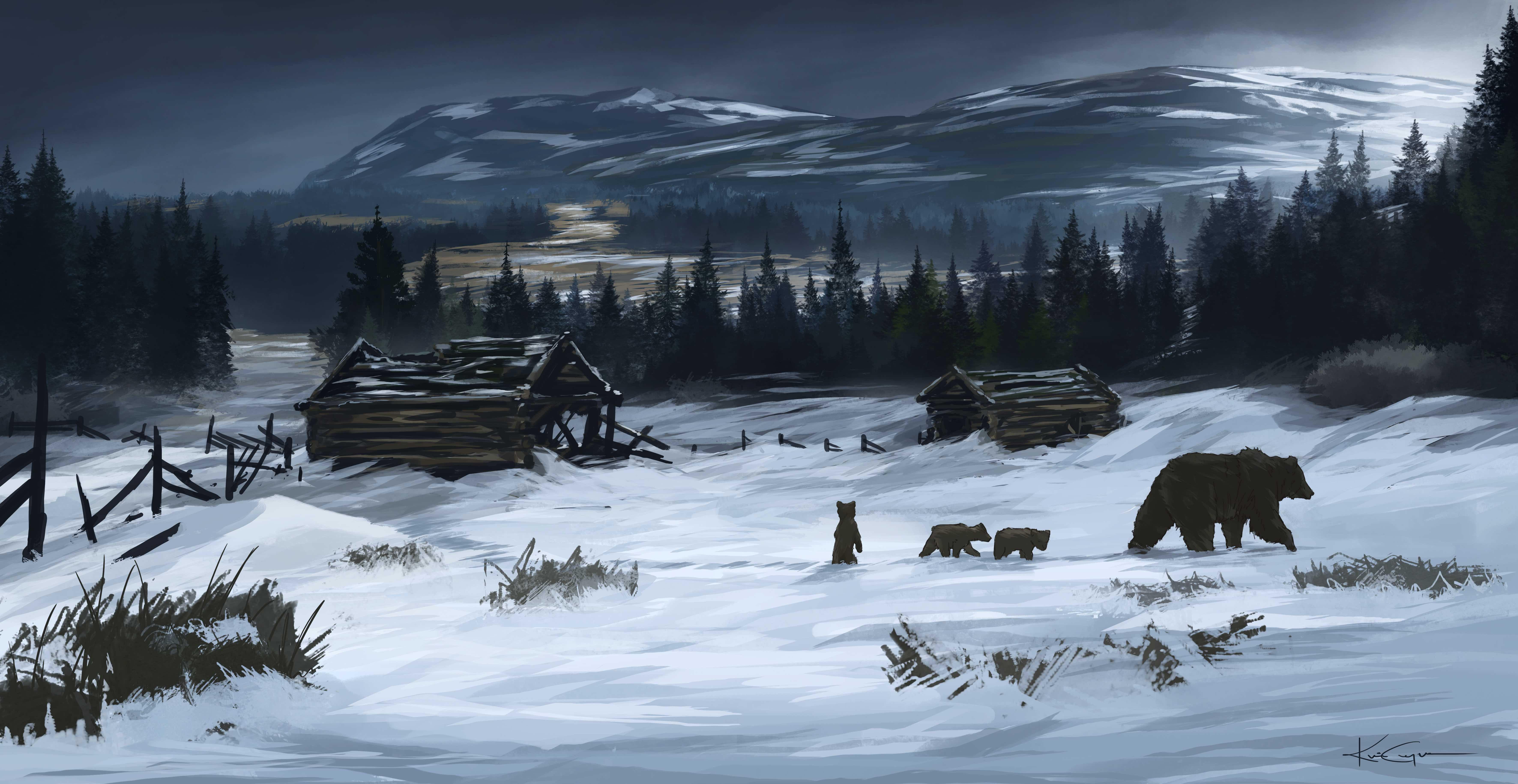 A painting of an abandoned, snowbound Norwegian farmstead — collapsed log houses under dark mountains, a bear and her cubs crossing the field where people used to live