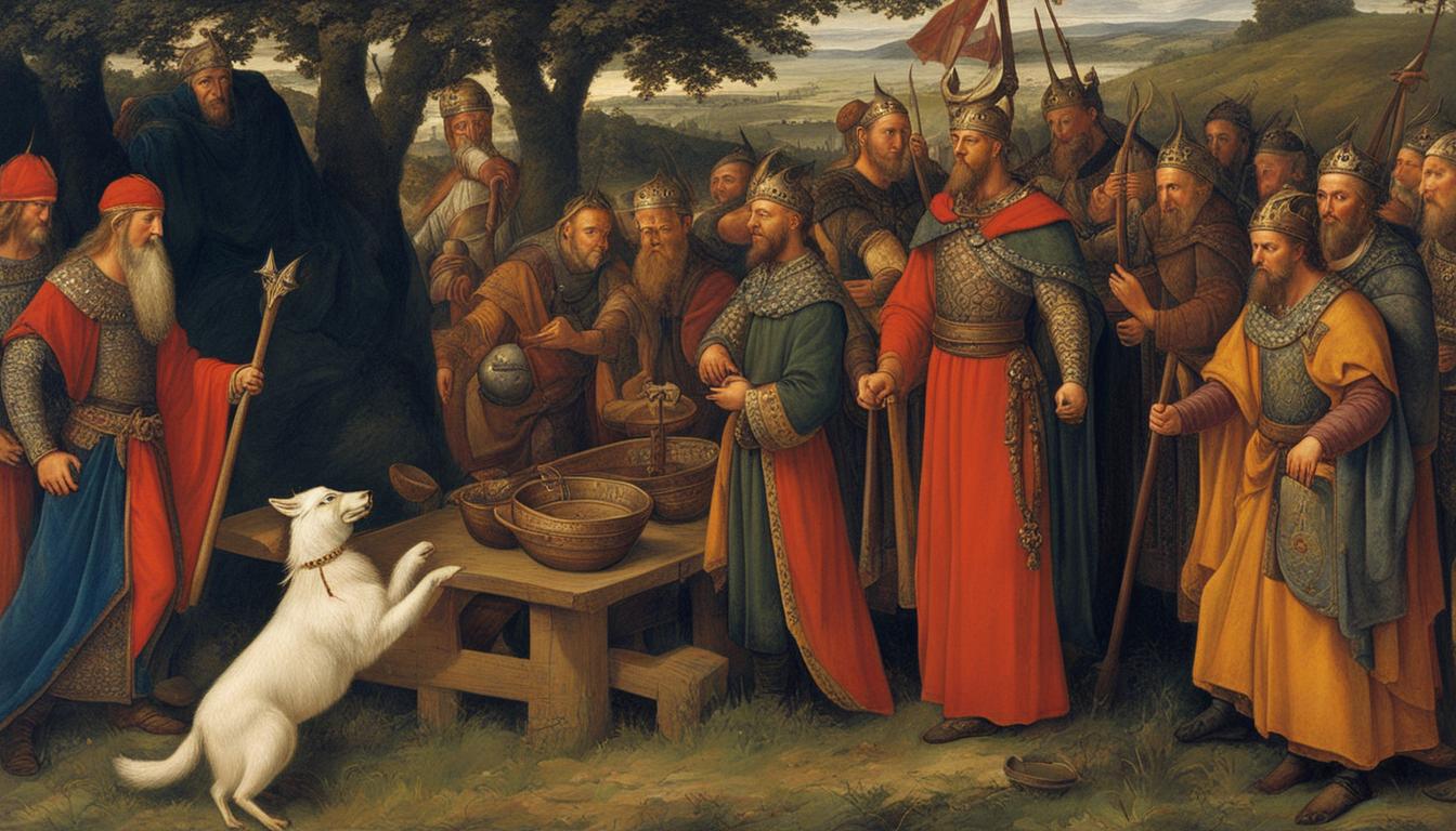 An illustration of a Viking-age assembly gathered around baptismal bowls under an open sky — chieftains and warriors watching the new rite arrive