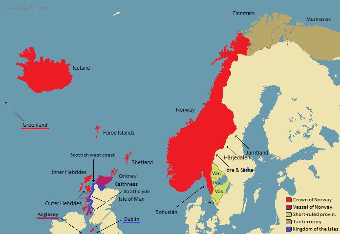 A map of the Norwegian realm at its 13th-century greatest extent — Iceland, Greenland, the Faroes, Shetland, Orkney and the Hebrides all marked as lands of the Norwegian crown