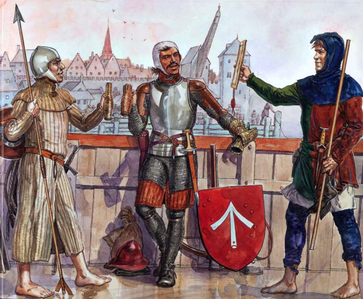 An illustration of three medieval men-at-arms sharing a drink on a harbor boardwalk, the gabled roofs and walls of a Hanseatic port town behind them