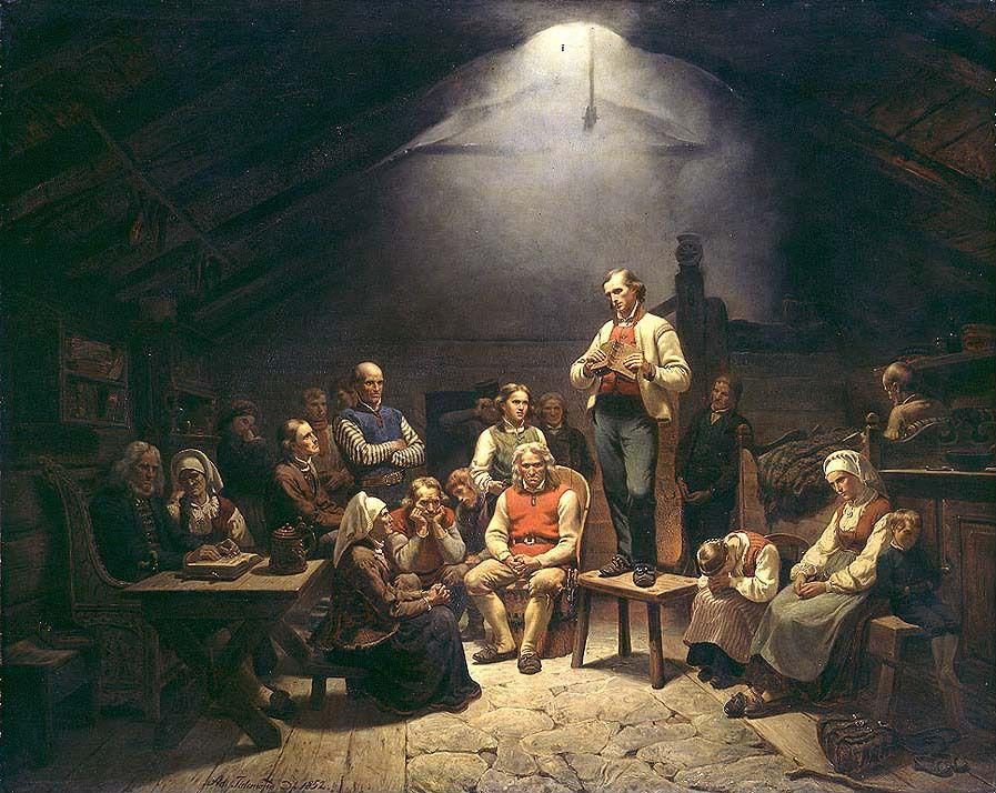 Adolph Tidemand's painting Haugianerne (1852) — a lay preacher standing on a stool in a dim farmhouse loft, neighbors gathered close around him to listen