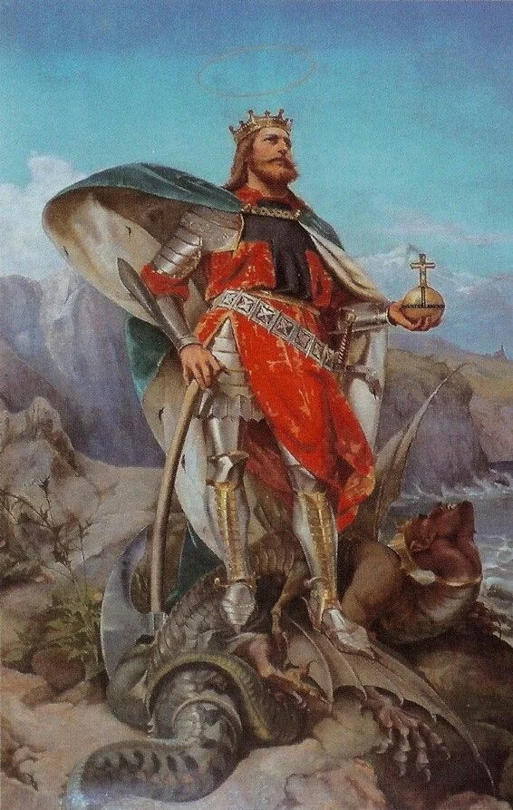 A painting of Saint Olav — crowned, in armor and a red cloak with a halo overhead, holding the royal orb with its cross, his long axe at his side, trampling a dragon underfoot