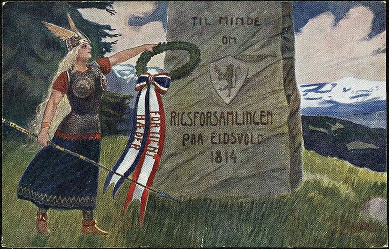 A national-romantic postcard of a valkyrie laying a wreath on a memorial stone inscribed 'in memory of the constitutional assembly at Eidsvoll, 1814'