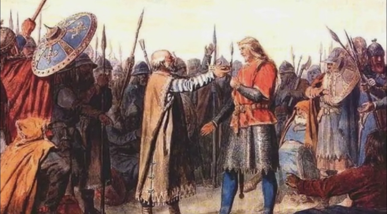 A painting of a young king being crowned before an assembly of armed men, spears and round shields raised around him