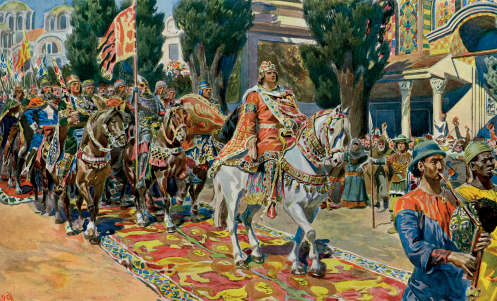 Color illustration of King Sigurd on a white horse riding through Constantinople's gateway, knights and onlookers around him