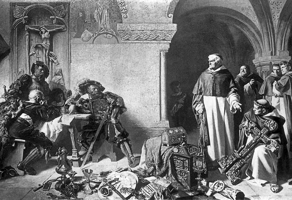 A painting of the dissolution of the monasteries — armored officials confronting monks while confiscated church treasures lie piled on the floor