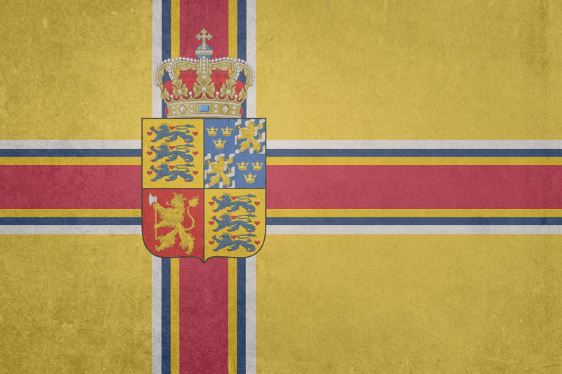 A modern artist's imagining of a Kalmar Union flag — a Nordic cross carrying the crowned arms of the three united kingdoms (the union had no real flag of its own)
