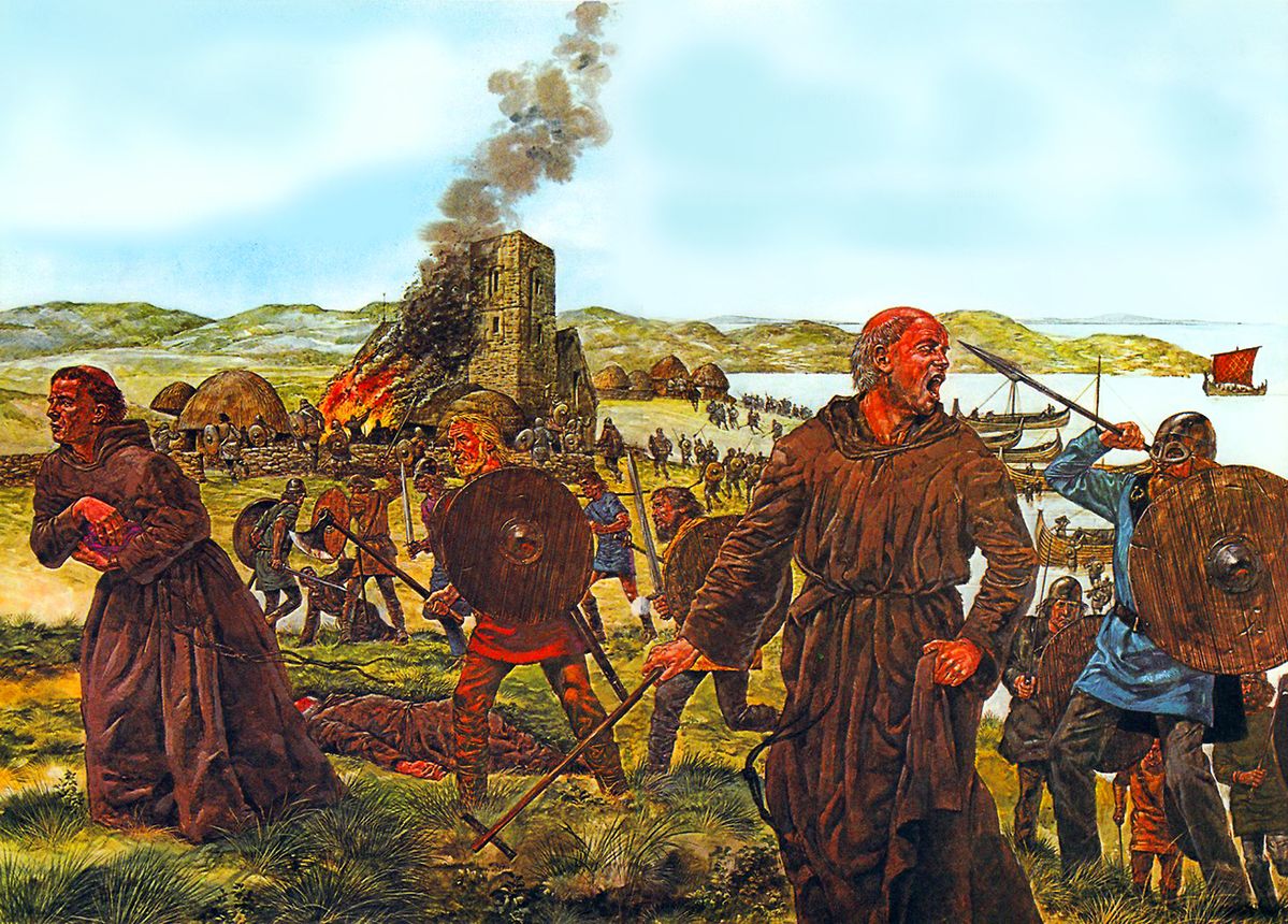 A painted scene of a Viking raid — longships drawn up on a shore beneath a burning coastal monastery