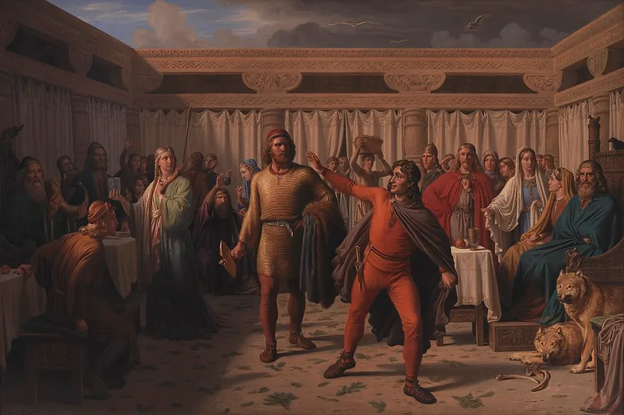 Constantin Hansen's 1857 Ægirs gæstebud — the Æsir assembled in Ægir's hall, Loki in red rising mid-quarrel among the seated gods.