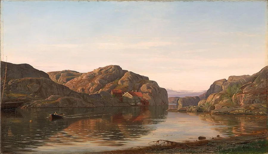 Amaldus Nielsen's 1885 Morning in Ny-Hellesund — dawn light on the bare coastal rocks of the Agder skerries, a red-roofed house at the water and a rowing boat crossing the still sound.