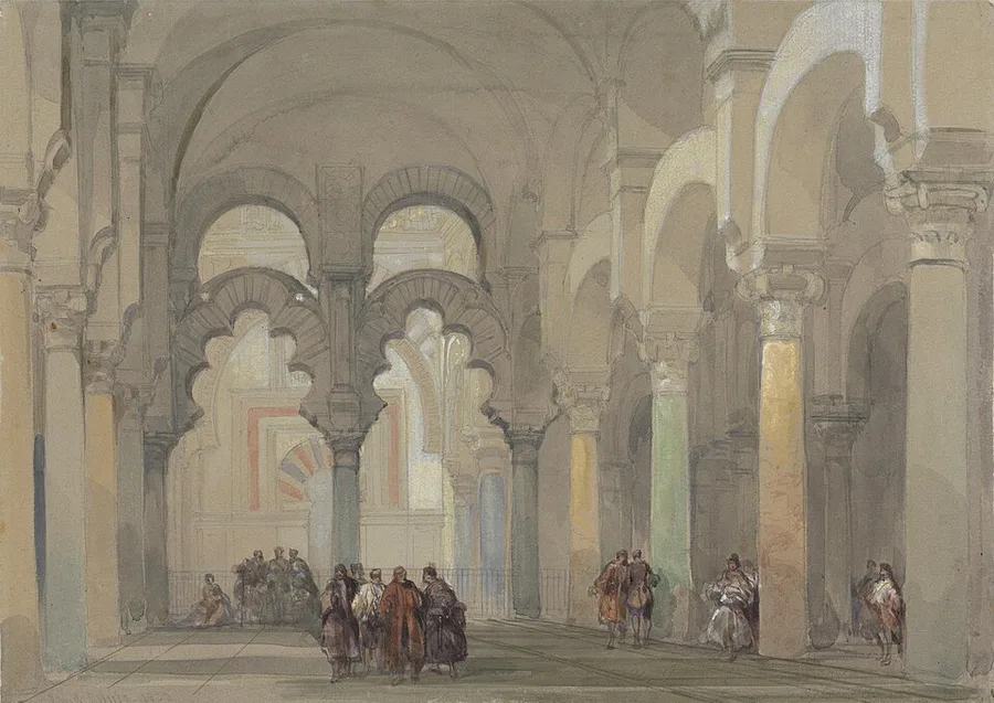 David Roberts' 1833 watercolor inside the Great Mosque of Córdoba: aisles of columns under striped horseshoe arches receding into soft light, with small groups of cloaked figures on the patterned floor.