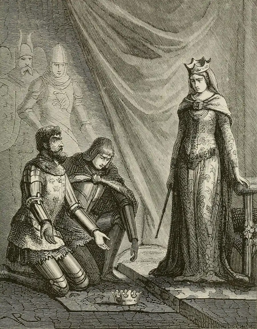 19th-century engraving of an armored King Albert of Mecklenburg kneeling with a squire beside a dropped crown on the floor, before a standing crowned queen holding a rod, with two faded ghostlike soldiers behind the kneeling pair.