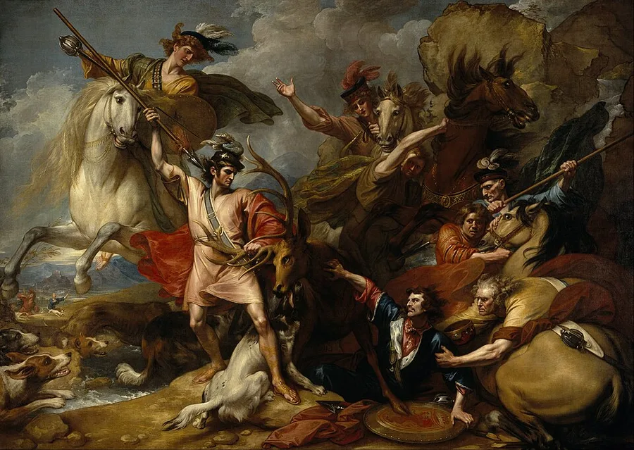 Benjamin West's 1786 history painting of a young King Alexander III on a rearing white horse, saved by a Highlander's dagger from a charging stag, amid a hunting party of mounted courtiers, attendants, and hounds.