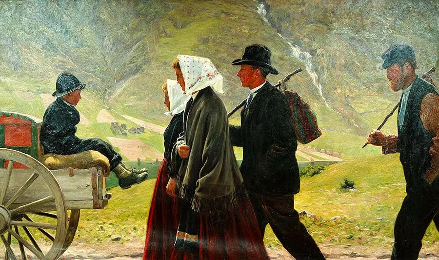Wentzel's 1902 painting 'Utvandrere': a family walks along a mountain road with packs and walking sticks, a child seated on a loaded cart behind them, as a passerby with a knapsack walks past with his head turned their way, against a green valley and waterfall.