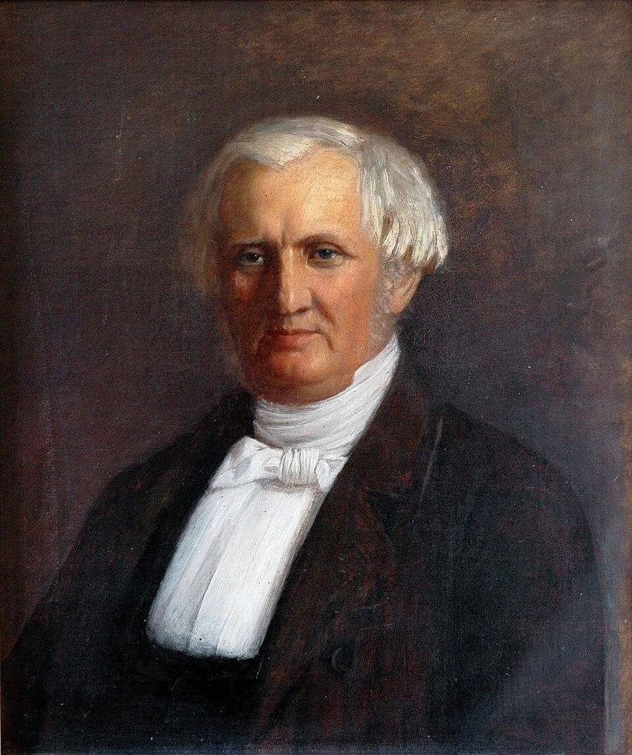 Christiane Schreiber's 1861 portrait of Andreas Faye — the parson and legend-collector white-haired in clerical dress with preaching bands.