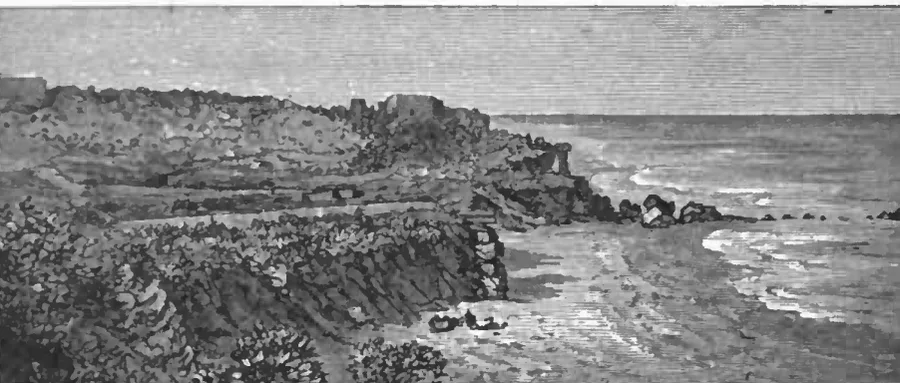 Wood engraving of the ruins of Ashkelon: broken walls and masonry crowning a cliffed headland that curves along a surf-washed beach, scrub in the foreground and open sea beyond.
