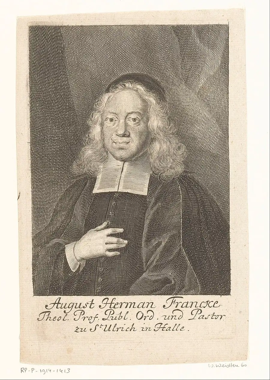 Engraved half-length portrait of August Hermann Francke, long wavy hair, clerical bands and robe, right hand raised to his chest, captioned 'August Herman Francke, Theol. Prof. Publ. Ord. und Pastor zu St Ulrich in Halle.'