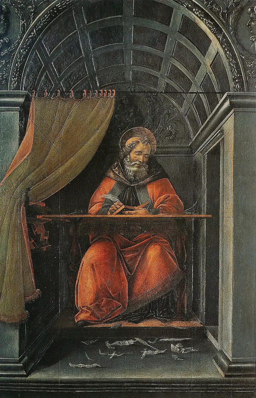 Botticelli panel painting of a haloed Saint Augustine of Hippo in red robes, seated at a writing desk with quill and book in a niche beneath a coffered vault, torn scraps of paper scattered on the floor.