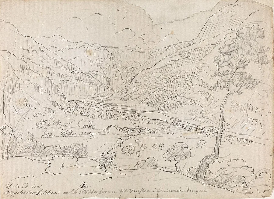 Pencil sketch of a steep Norwegian valley seen from a hillside, captioned 'Urland fra Bjørgekirke Bakken': forested mountain walls converge toward a valley floor scattered with small farm buildings and fields.