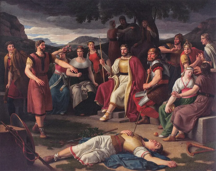 C. W. Eckersberg's 1817 Balders død — the gods gathered in grief around Balder's pale body, the mistletoe shaft still standing in his chest.