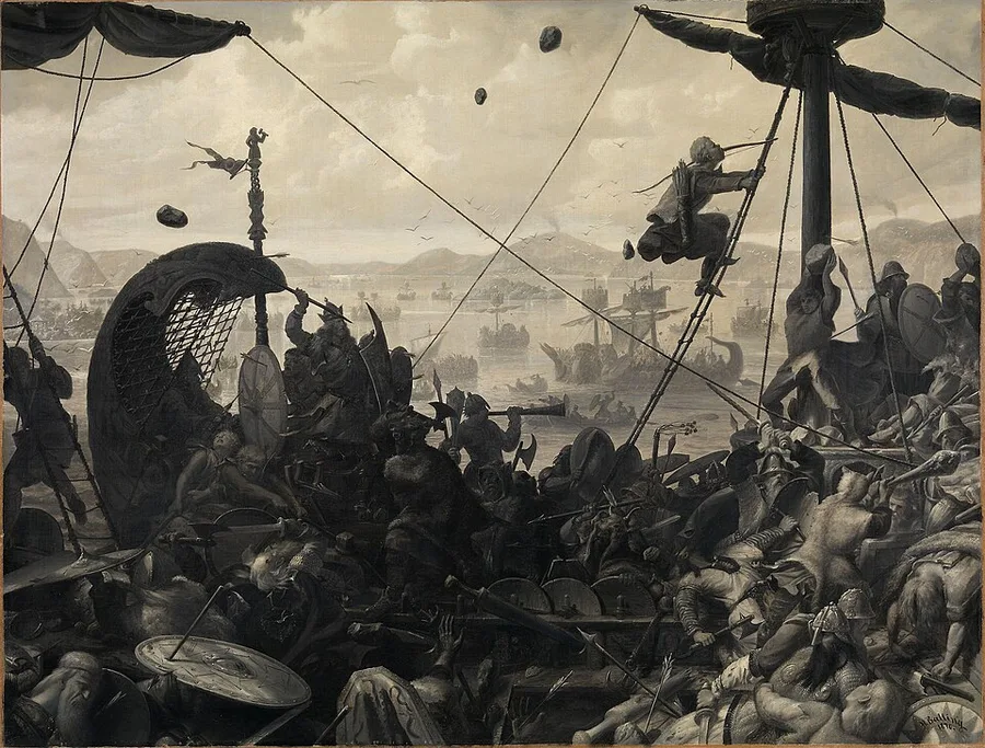 Ole Peter Hansen Balling's 1870 Battle of Hafrsfjord — the fight surging across grappled longship decks, an archer high in the rigging and stones flying over a fjord crowded with ships.