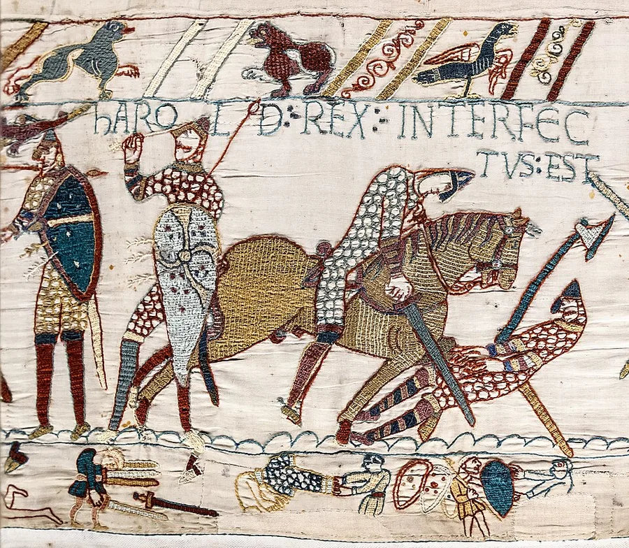Embroidered Bayeux Tapestry detail: a mounted mailed knight strikes down a foot soldier holding an arrow-studded shield amid falling and dying warriors, with the Latin words 'HAROLD REX INTERFECTUS EST' stitched in the border above the scene.