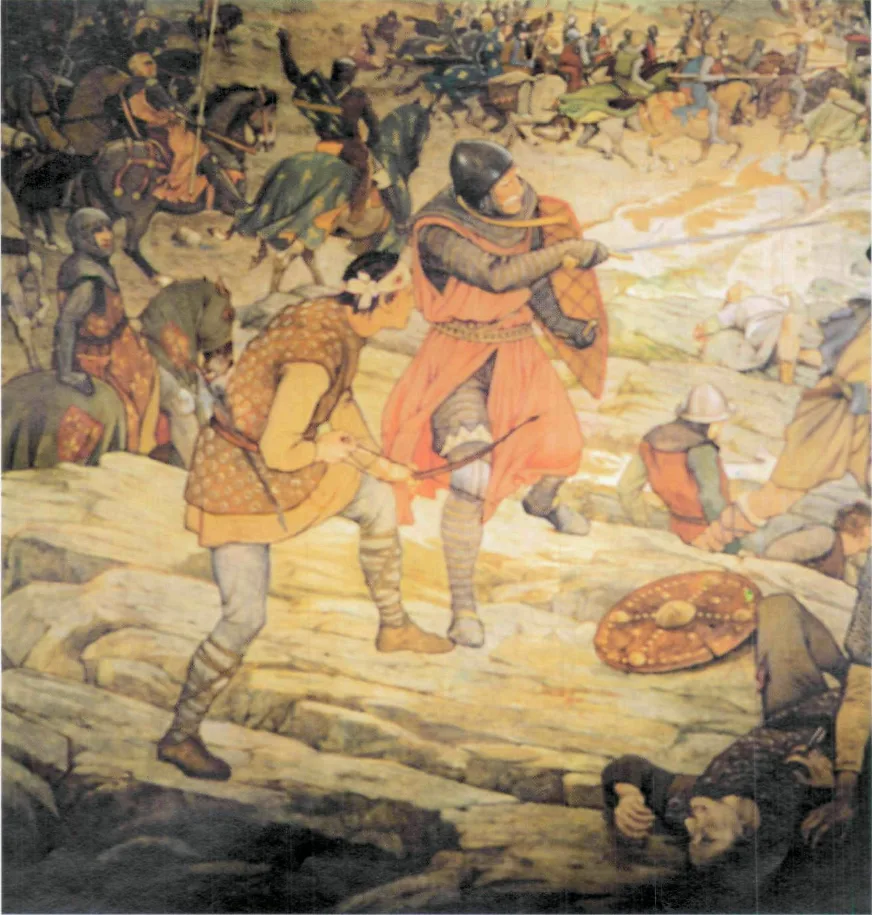 A large history-painting mural of the Battle of Largs, showing armored soldiers grappling hand-to-hand on a rocky shoreline, a wounded man collapsing in the foreground, and mounted knights charging in from the water's edge behind.