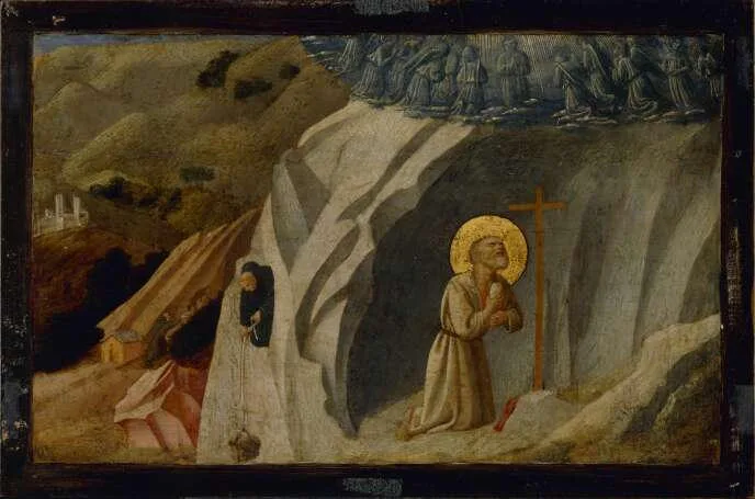 Fra Angelico fresco panel showing a haloed Saint Benedict of Nursia kneeling in prayer before a wooden cross on a rocky hillside, a hooded monk beside him, with ranks of the blessed gathered in the sky above.