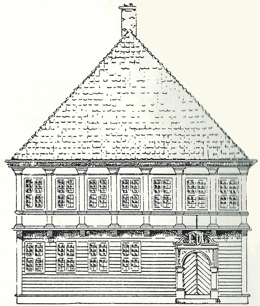 Pen-and-ink architectural elevation drawing of a Bergen Kontor merchant house's street-facing front facade, a tall wooden building with rows of windows beneath a steep pyramidal hipped roof, typical of the Bryggen wharf, drawn around 1720.