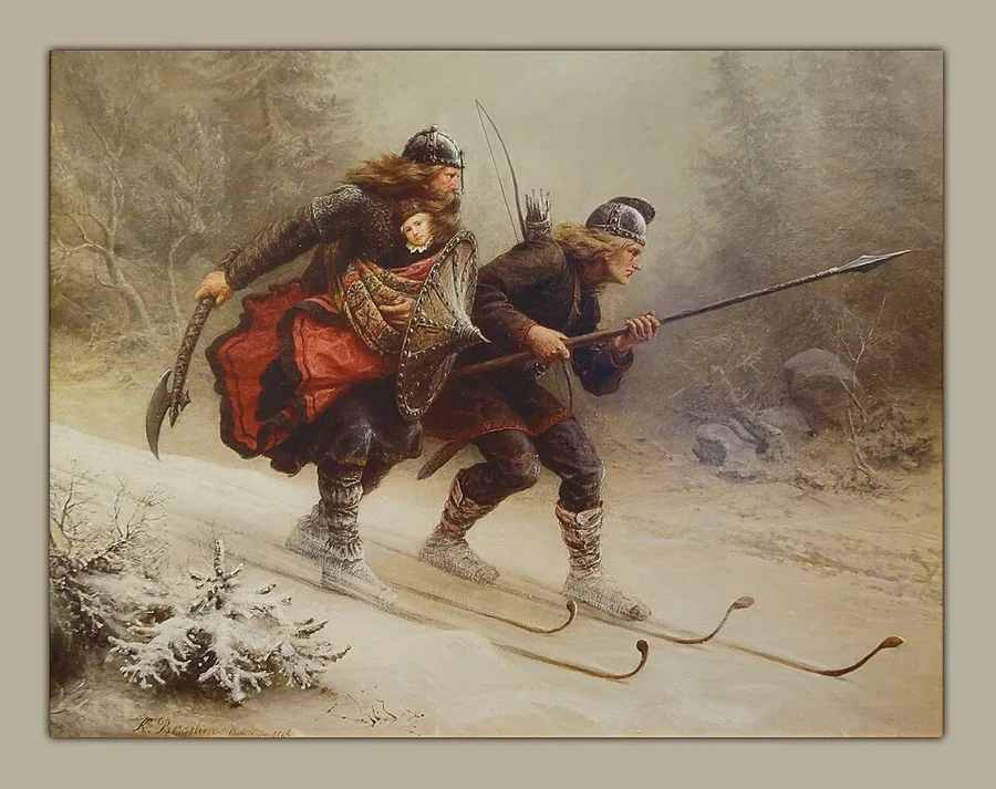 Bergslien's 1869 painting: two fur-clad Birkebeiner warriors on skis descend a snowy mountain slope, one cradling an infant wrapped in red cloth, the other carrying a spear.