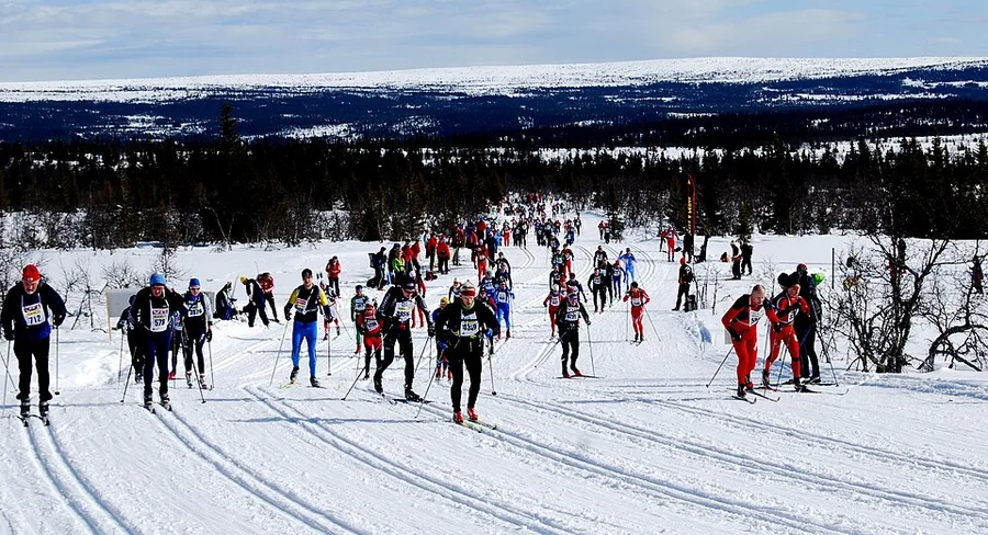 Photograph of a large field of cross-country skiers spread across a snowy mountain course, spectators along the track, forested hills in the distance.