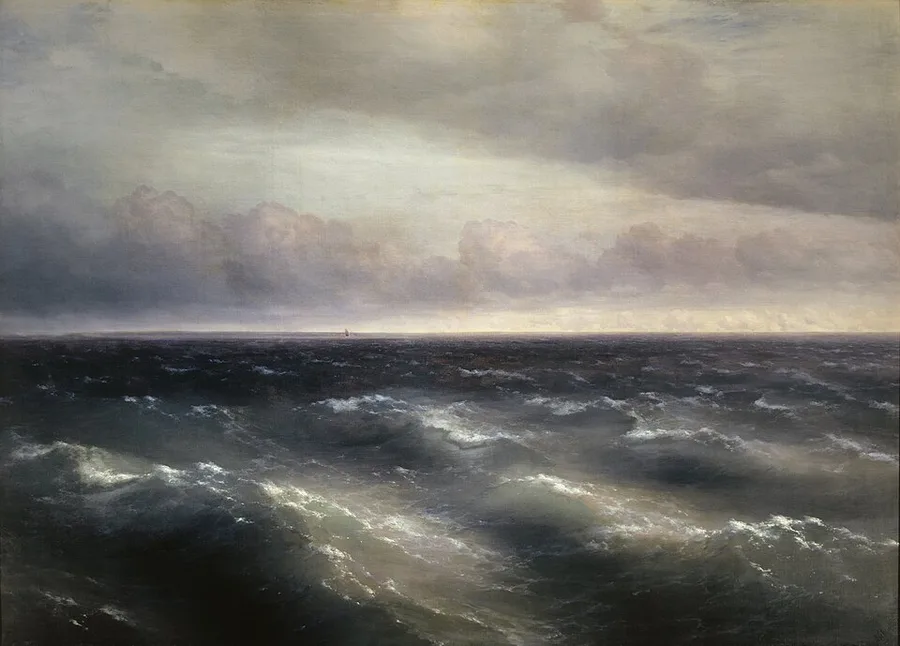 Aivazovsky's The Black Sea: dark green swells rolling under a heavy grey sky, whitecaps catching the light, with a single tiny sail far off on the horizon.