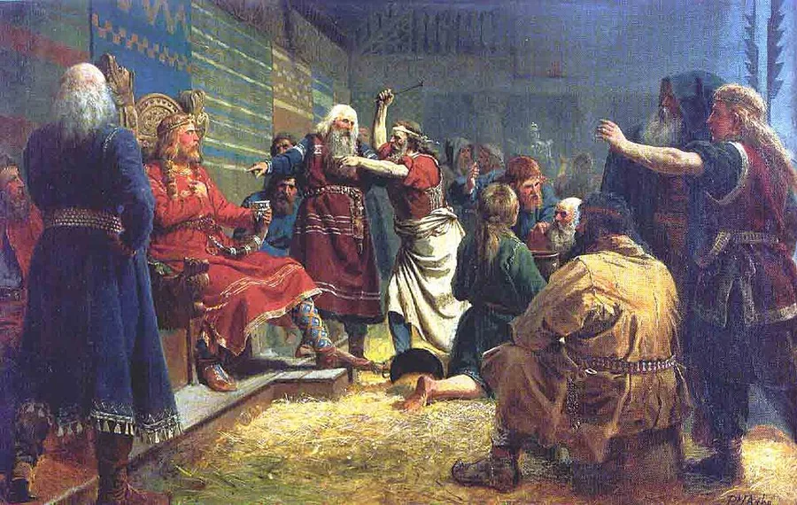 Peter Nicolai Arbo's 1860 painting of the blót at Mære — the young King Håkon pressed at the sacrificial midwinter feast by the Trøndelag farmers, the hall tense around the high seat.
