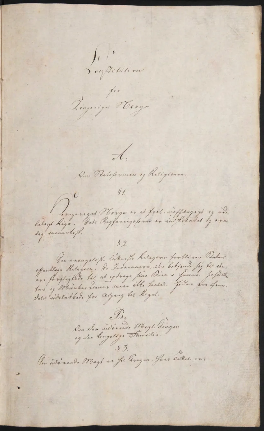 The handwritten opening page of the 17 May 1814 Constitution — 'Constitution for Kongeriget Norge' — its first paragraphs flowing in the elegant Dano-Norwegian script the written standard descends from.