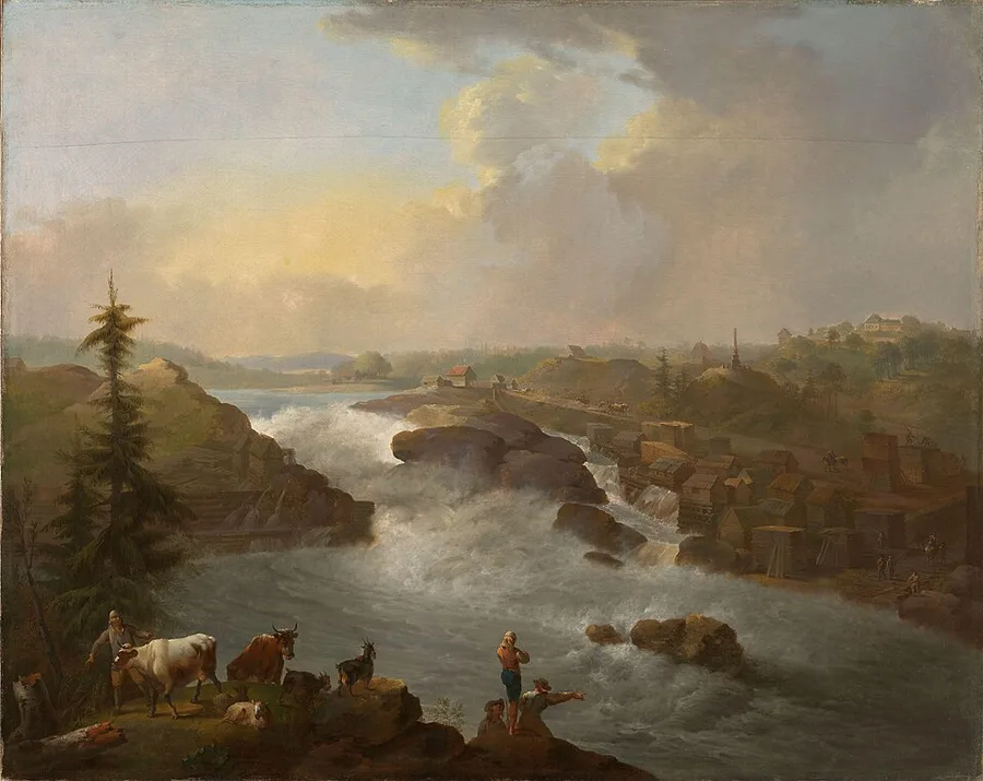 1795 oil painting of Sarpsfossen: the broad falls churn white between rocky banks lined with timber yards and mill buildings, a manor on the wooded hill beyond, and a herder with cattle and goats watching from the near bank.