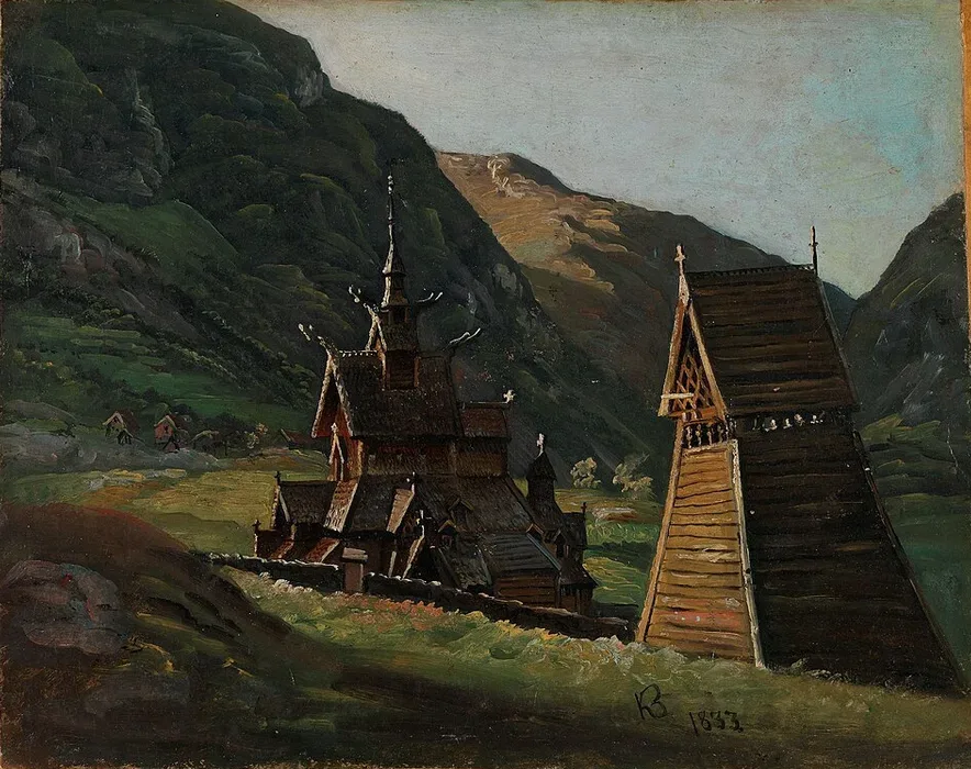 An 1833 oil painting of Borgund Stave Church rising tiered and dark-shingled against green mountain slopes, curling white gable finials at each peak, its steep-roofed wooden bell tower alongside, and tiny figures in the meadow below, signed 'KB, 1833.'