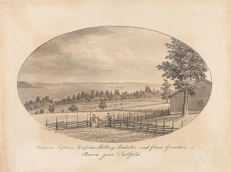 Johannes Flintoe's sepia pen-and-wash drawing, in an oval vignette, of the Borre burial mounds: grassy grave-hills beside the fjord, zig-zag rail fences, haymakers with scythes, a farm building under a large tree, and a handwritten Norwegian title naming the kings' grave-mounds.