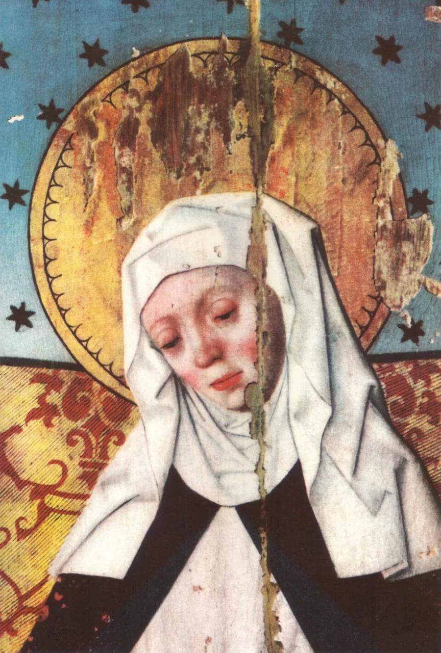 Fifteenth-century altarpiece panel of Birgitta of Sweden in a white linen widow's veil and wimple, eyes downcast beneath a large gilded halo on a star-strewn blue ground, with gold brocade behind her shoulders and a vertical age crack down the wood panel.