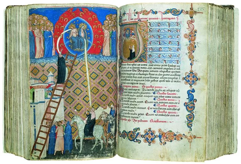 Two-page opening of an illuminated 14th-century manuscript of Saint Bridget's Revelationes: a full-width miniature of the Virgin enthroned in a golden mandorla amid angels on the left, a decorated initial on the right showing a kneeling nun receiving a vision.