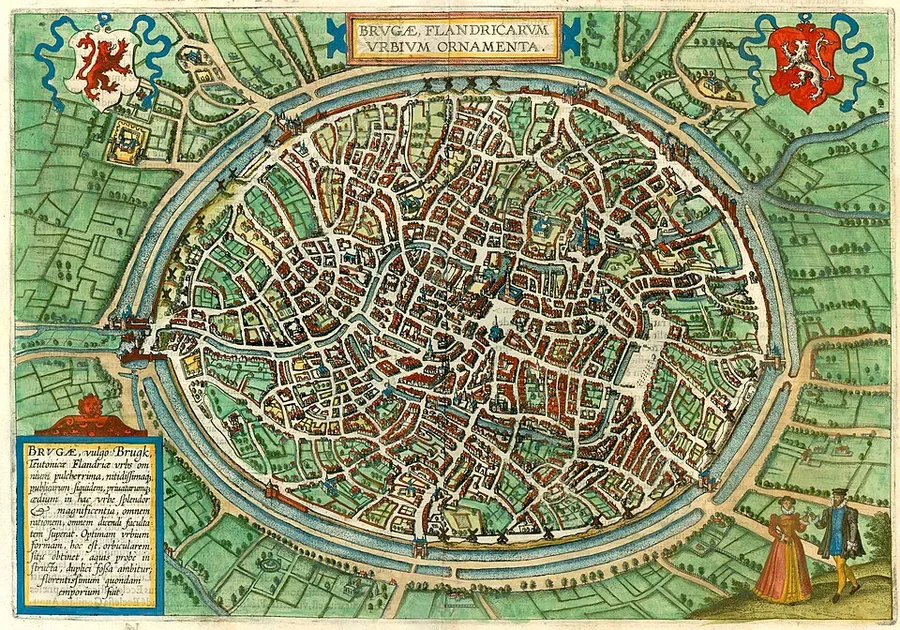 A hand-coloured bird's-eye map-view of walled, moated Bruges from the Civitates Orbis Terrarum, its canals and dense rooftops ringed by green fields, with coats of arms in the top corners and two Flemish figures in the foreground.