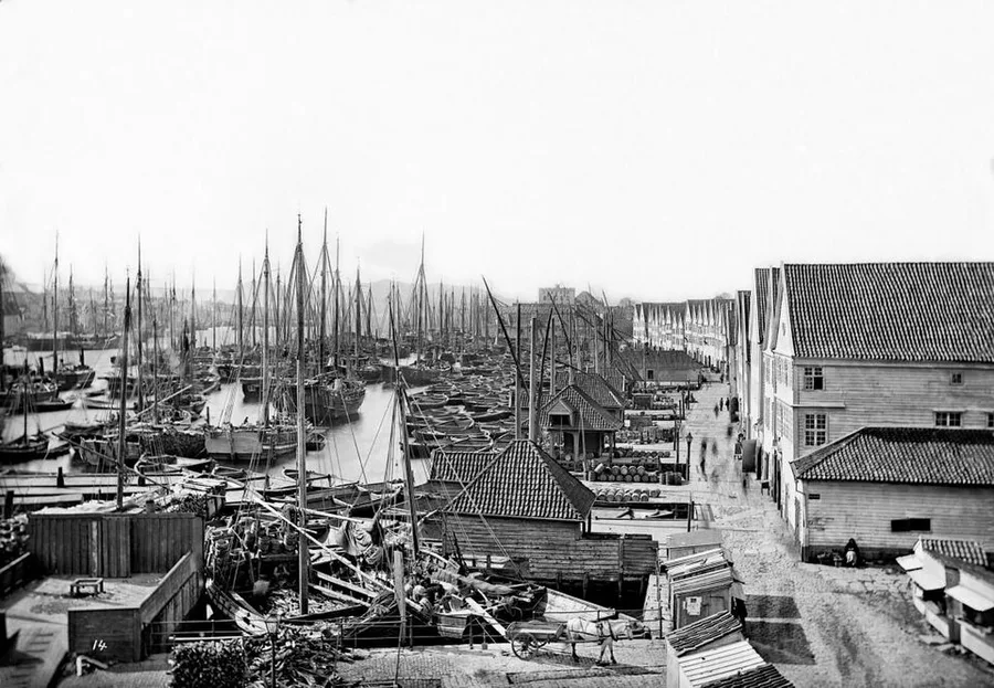 An 1865 black-and-white photograph of Bryggen's row of gabled wooden warehouses along Bergen's Vågen harbour, with masted boats crowding the water and a horse-drawn cart on the quay.