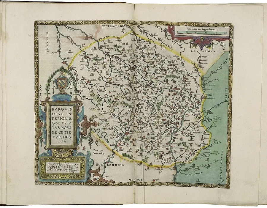Hand-colored 1608 Ortelius map of the Duchy of Burgundy across two atlas pages, showing rivers, forests, and town names, with a title cartouche reading 'Burgundiae Inferioris... Ducatus.'