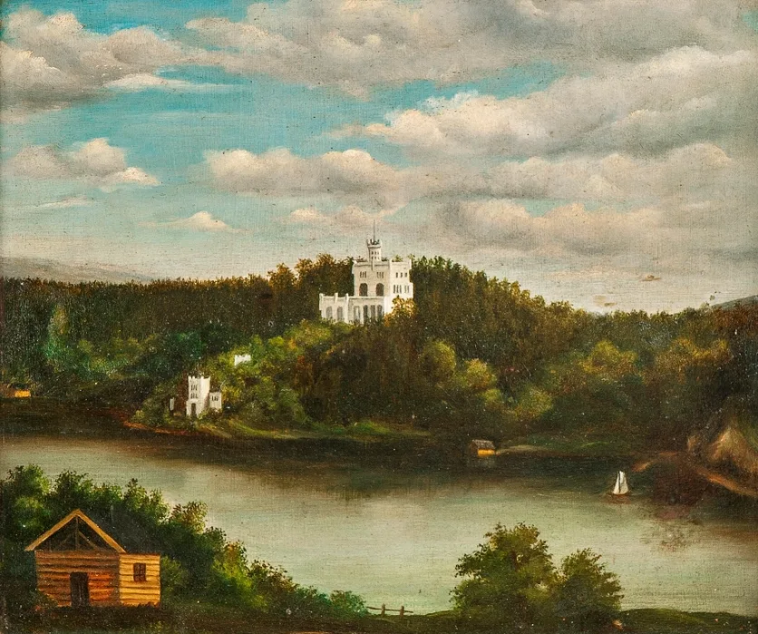 Oil painting: Oscarshall, a white Gothic Revival palace with a slender tower, crowns a densely wooded hill on Bygdøy above calm fjord water; a lone white sailboat sits at right and a small log cabin stands among trees in the left foreground under a cloud-broken sky.