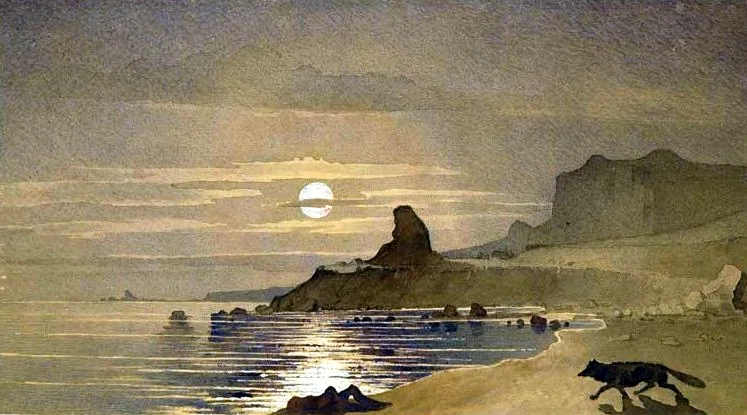 Shevchenko's watercolor of the Caspian Sea by moonlight: low waves catching the moon's reflection along a calm shore, a dark rock headland and pale cliffs beyond, and a fox trotting across the sand in the foreground.