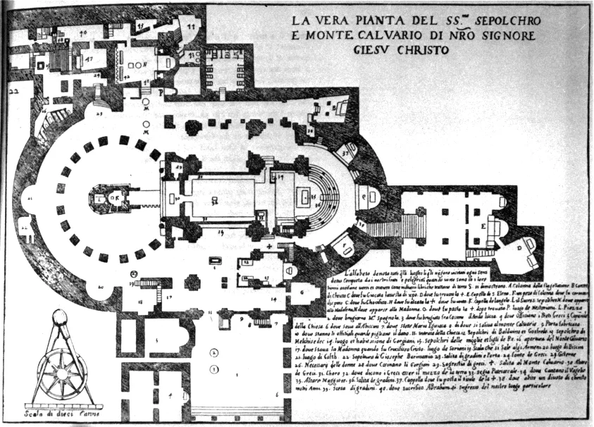 A 1609 engraved architectural floor plan, labeled in Italian as the true plan of the Holy Sepulchre and Mount Calvary: a round colonnaded rotunda joined to rectangular naves and cloisters, numbered rooms, dense explanatory text, and a small scale drawing at bottom left.
