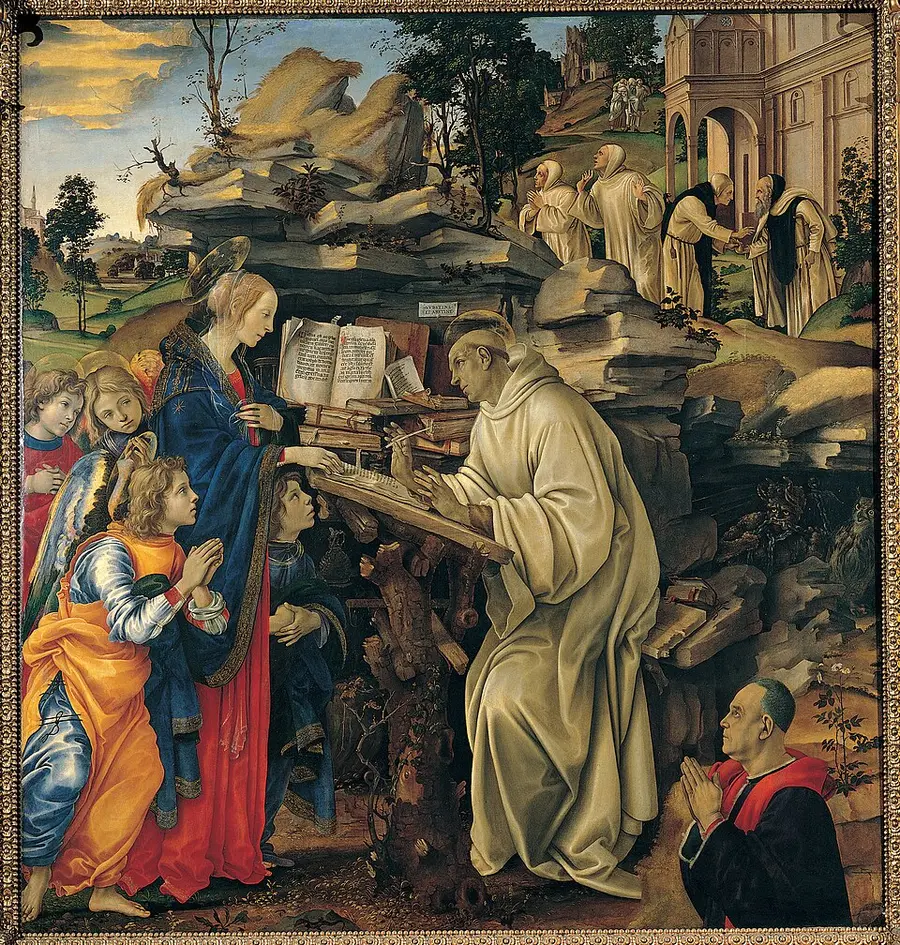 Filippino Lippi panel painting of Saint Bernard of Clairvaux in a white Cistercian habit at his writing desk, looking up as the Virgin Mary and attendant angels appear before him, monks and an abbey visible behind.