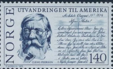 Norwegian postage stamp 'Utvandringen til Amerika': engraved portrait of an older bearded man in round wire spectacles, labeled 'Cleng Peerson,' beside a handwritten 1874 letter reproduced in blue ink.